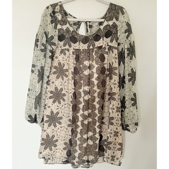 Free People Dresses & Skirts - Free People Brown Cream Boho Sheer Shift Dress Chiffon Peasant Sleeves Sz  S